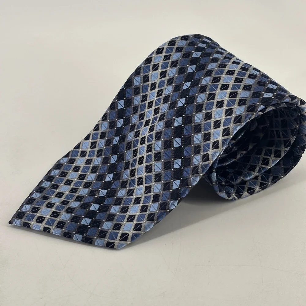 Roberto Villini Tie Mens OS Blue Geometric Diamond 100% Silk Handmade Couture